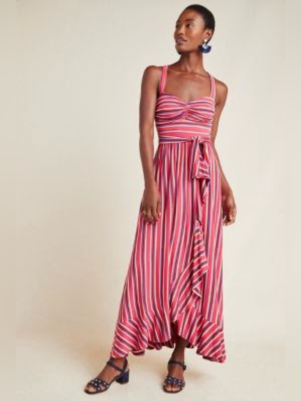Anthropologie Maeve Striped Pink Maxi Dress with Tie Waist
